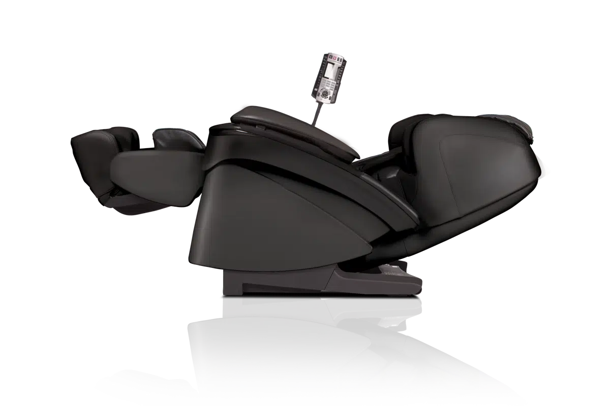 side view of a Panisonic MAj7 Massage chair in black, fully reclined