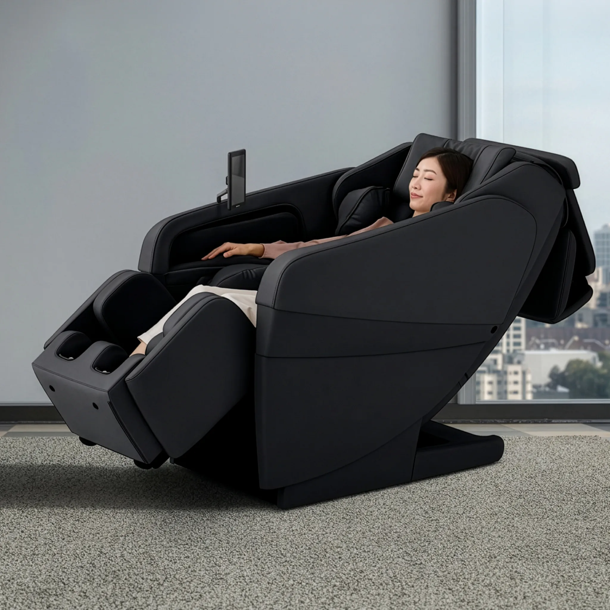 Woman relaxing in a reclined black Panasonic MAN2 5D A.I. massage chair next to a city-view window.